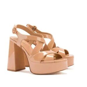 Larroude Womens Bee Strappy Platform Sandel Tan Nude Patent Leather size 10